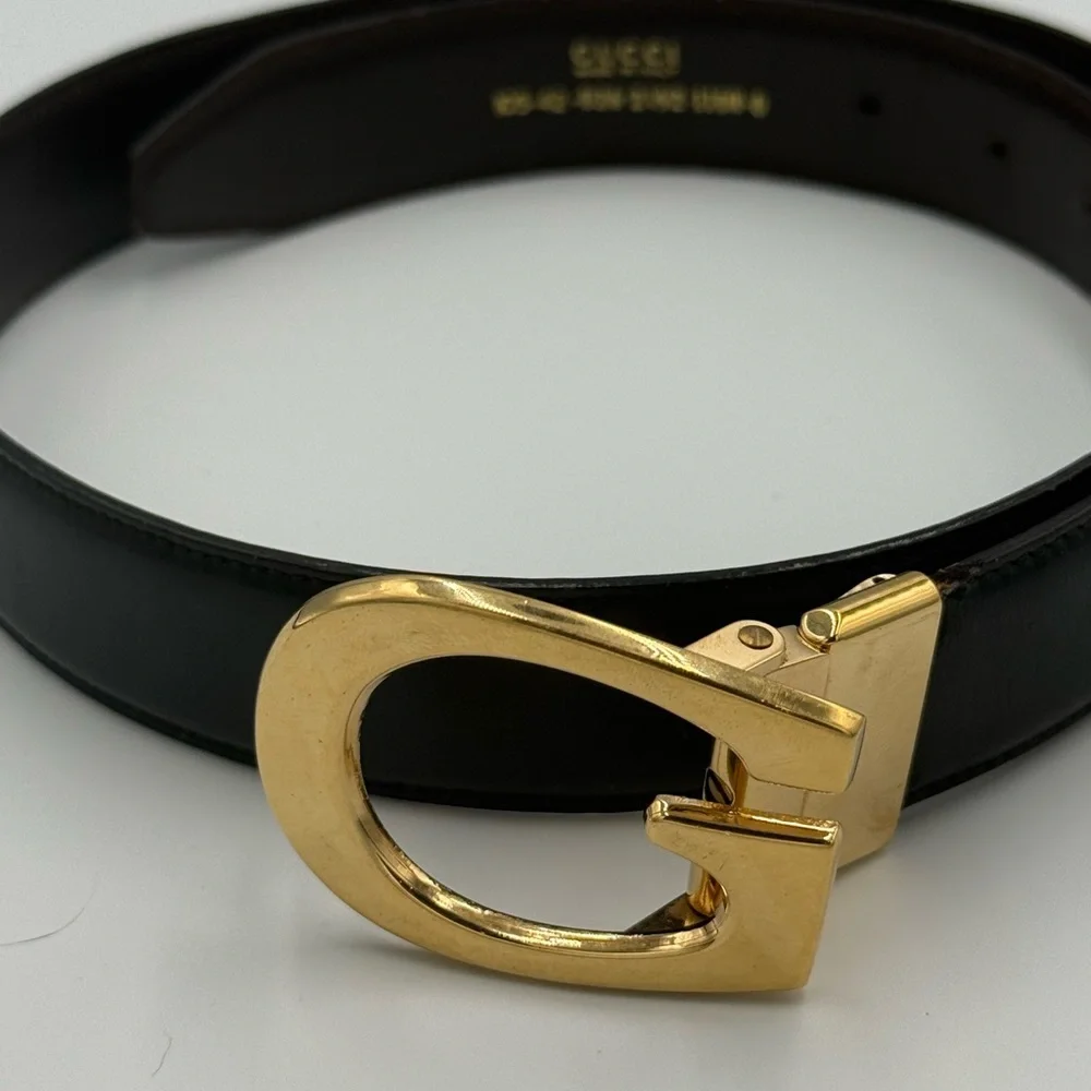Gucci Gold G Reversible Black and Brown Leather Belt - Picture 2 of 7